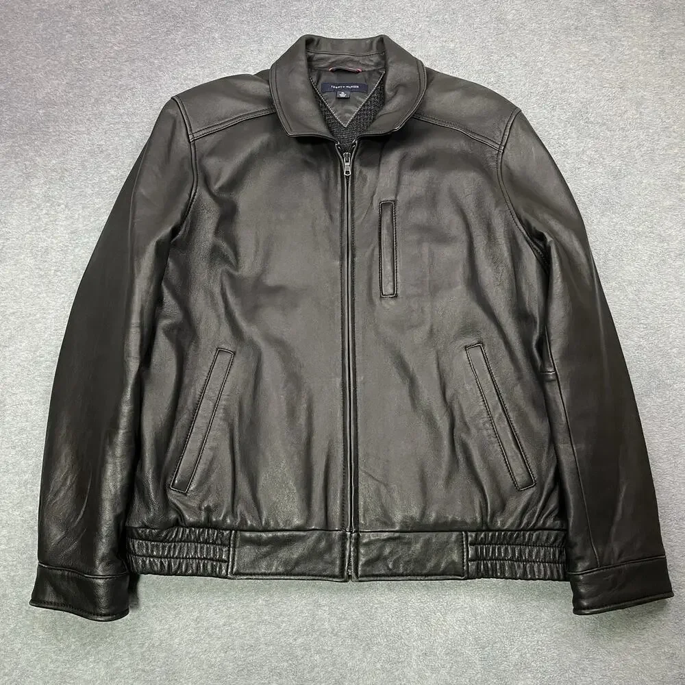 Vintage Men's Tommy Hilfiger Black Leather Bomber Jacket Zip Front Lined XL